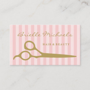 Chic Pink Stripes Gold Scissors Hair Appointment Card