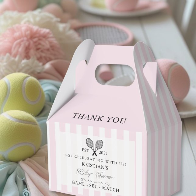 Chic Pink Stripes Tennis Baby Shower Thank You  Favour Box (pink stripes tennis theme baby shower thank you favor boxes that close with elegant chic modern era)