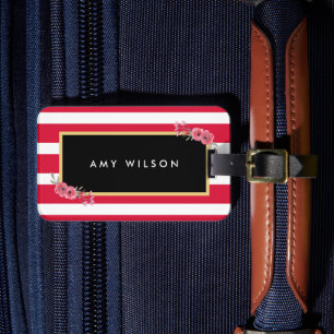 Chic Pink Stripes Watercolor Floral Luggage Tag