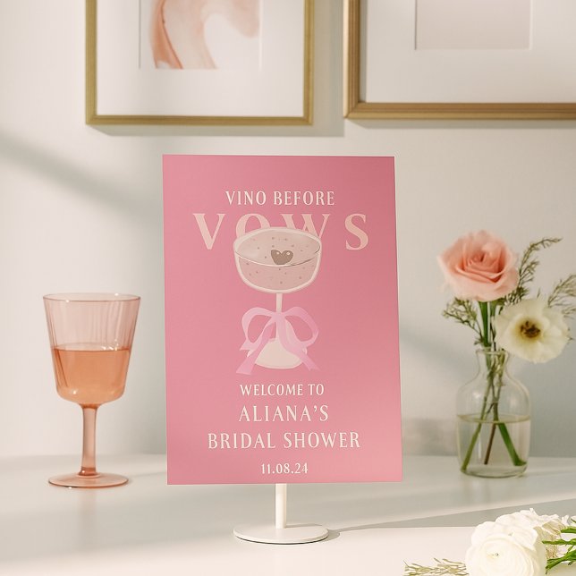 Chic Pink Vino Before Vows Welcome Bridal Shower  Pedestal Sign (Creator Uploaded)