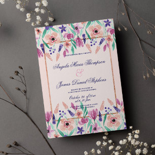 Chic pink violet green watercolor floral wedding invitation
