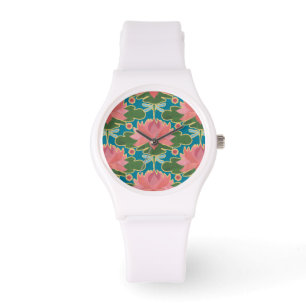 Chic Pink Water Lilies and Dragonflies Wristwatch