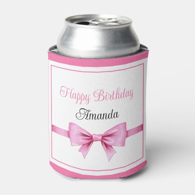 Chic Pink Watercolor Bow Sweet 16 Birthday Can Cooler (Can Front)