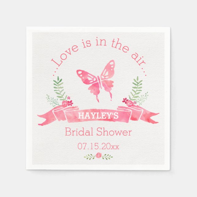 Chic Pink Watercolor Butterfly Girl Bridal Shower Napkin (Front)