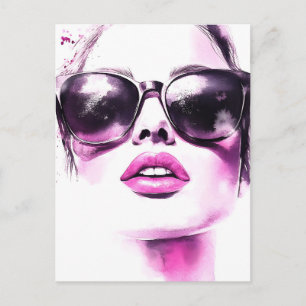 Chic Pink Watercolor Fashion Woman Sunglasses Announcement Postcard