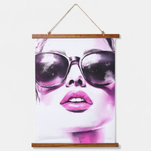 Chic Pink Watercolor Fashion Woman Sunglasses Hanging Tapestry