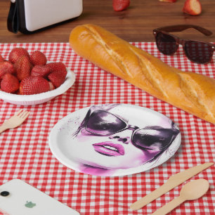 Chic Pink Watercolor Fashion Woman Sunglasses Paper Plate