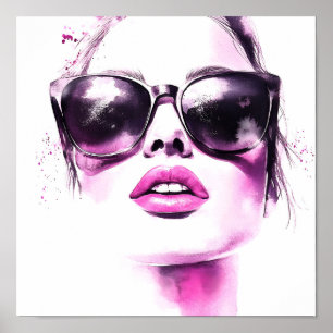 Chic Pink Watercolor Fashion Woman Sunglasses Poster