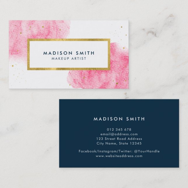 Chic Pink Watercolor Faux Gold Business Card (Front/Back)