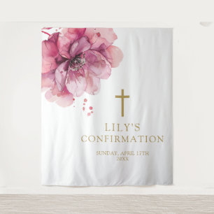 Chic Pink Watercolor Floral Confirmation Backdrop Tapestry