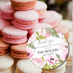 Chic Pink Watercolor Floral Thank You Classic Round Sticker