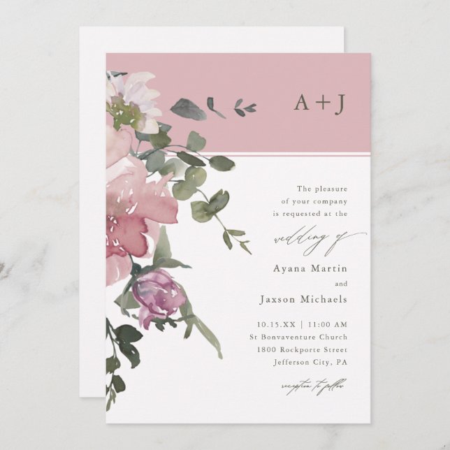 Chic Pink Watercolor Floral Wedding Invitation (Front/Back)
