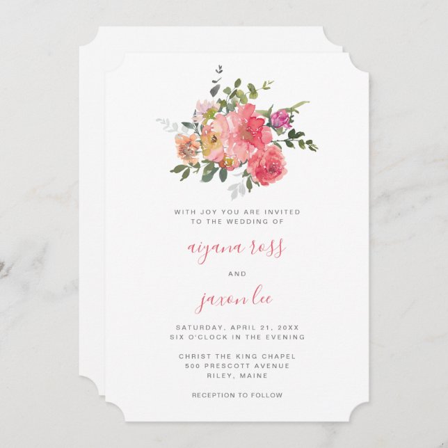 Chic Pink Watercolor Peony Bouquet Wedding Invitation (Front/Back)