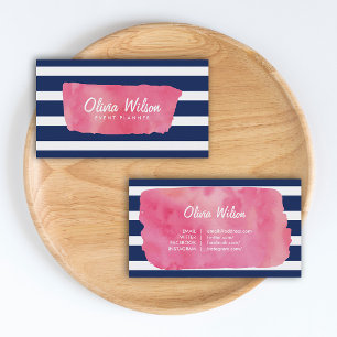 Chic Pink Watercolour & Blue Stripes Social Media Business Card