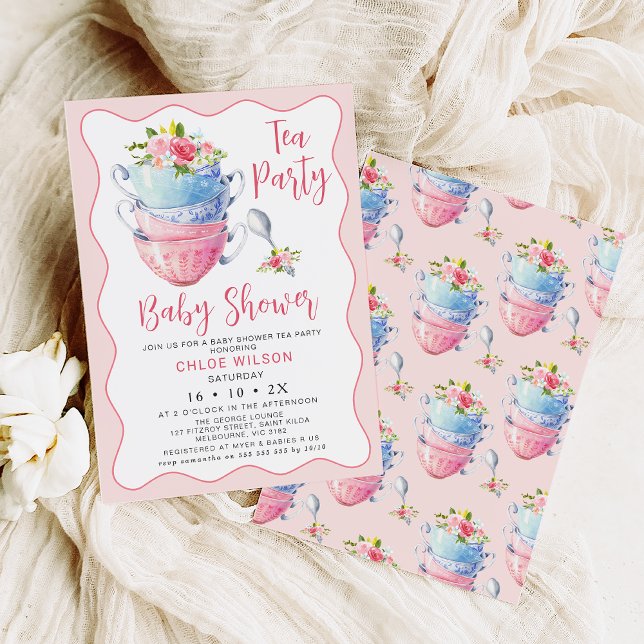 Chic Pink Wave Floral Baby Shower Tea Party Invitation (Pink wave chic baby shower tea party invitation featuring some stacked teacup and flowers.)
