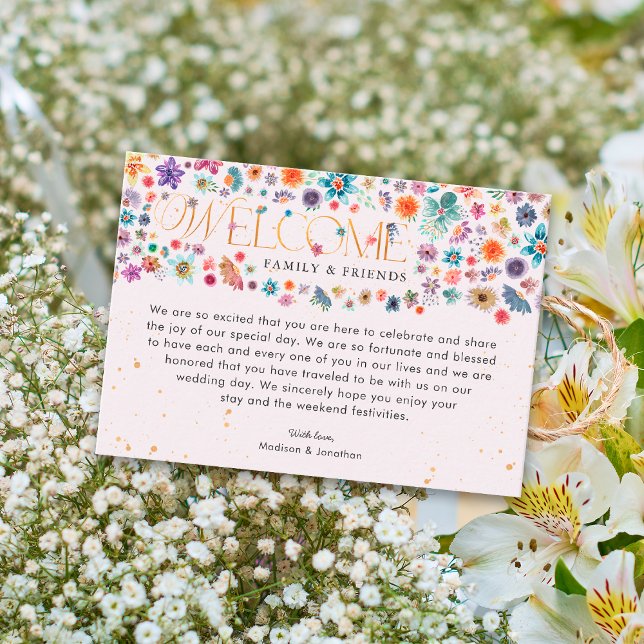 Chic Pink Whimsical Wildflower Gold Typography Place Card (Front)
