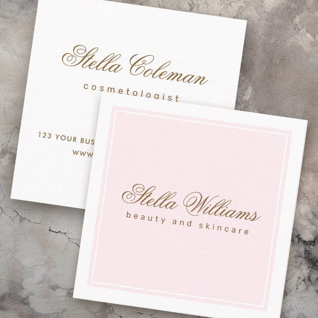 Chic pink white beauty skincare minimalist square business card (Chic, light pink and white beauty skincare minimalist square business card)