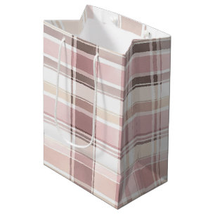 Chic Pink White Cream Plaid Stripes Christmas Medium Gift Bag