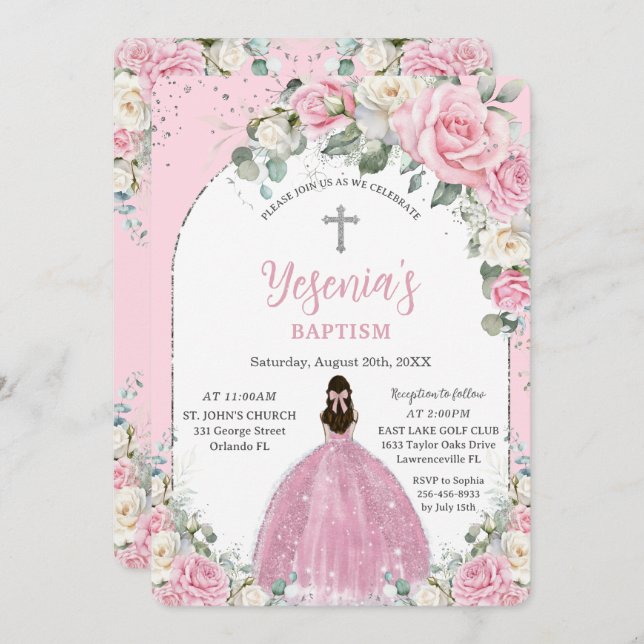 Chic Pink White Floral Silver Arch Baptism Invitation (Front/Back)