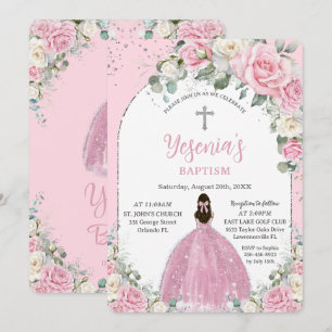 Chic Pink White Floral Silver Arch Baptism Invitation