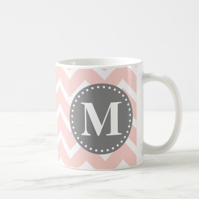 Chic Pink White Grey Zigzag Chevron Monogram Coffee Mug (Right)