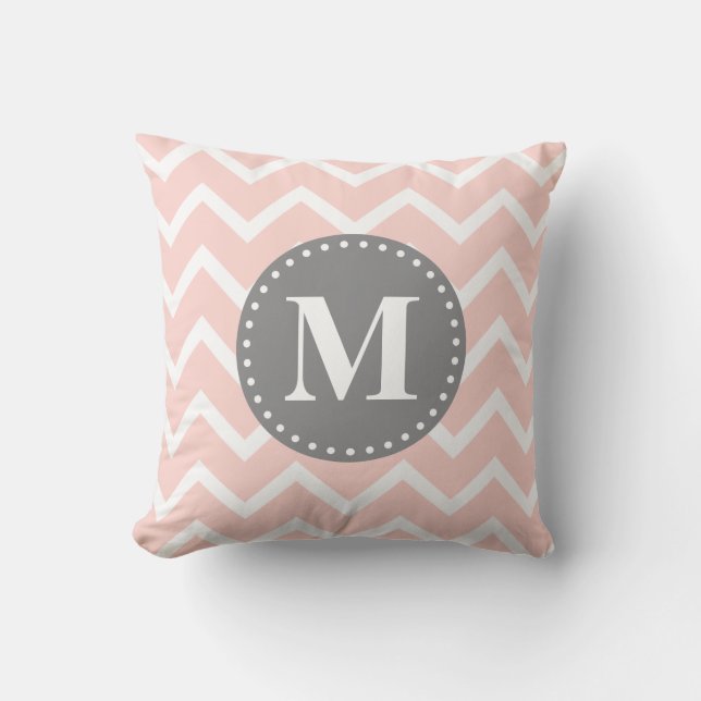 Chic Pink White Grey Zigzag Chevron Monogram Cushion (Front)