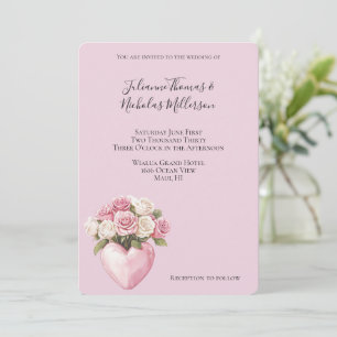 Chic Pink White Rose Floral Heart Wedding Invitation