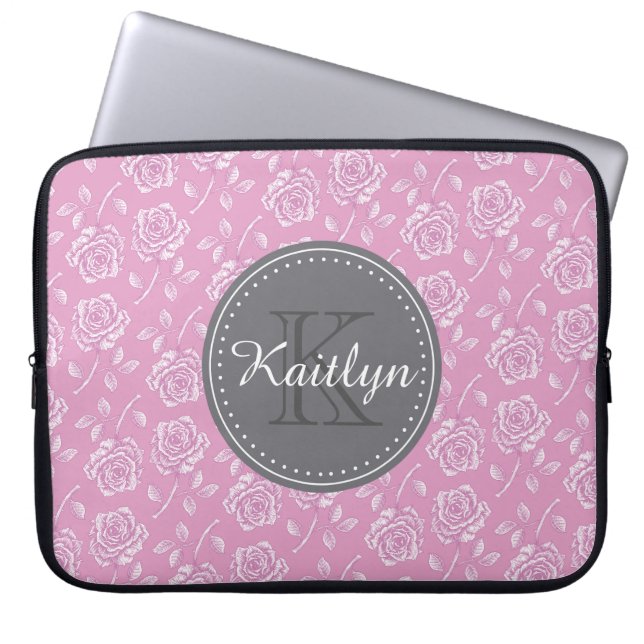 Chic Pink White Rose Pattern Laptop Sleeve (Front)