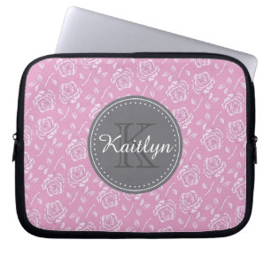 Chic Pink White Rose Pattern Laptop Sleeve