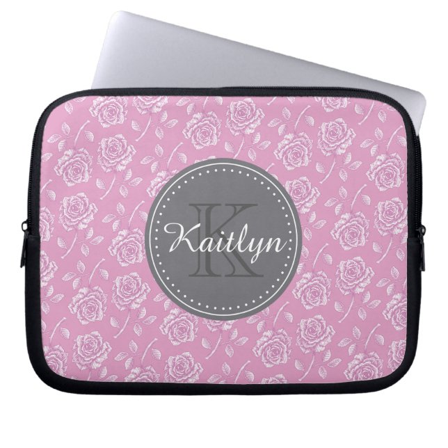 Chic Pink White Rose Pattern Laptop Sleeve (Front)