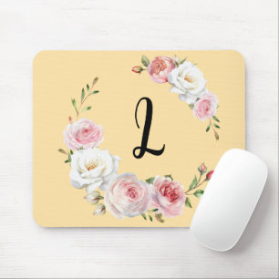 Chic Pink White Roses Initial Script Beige Mouse Pad