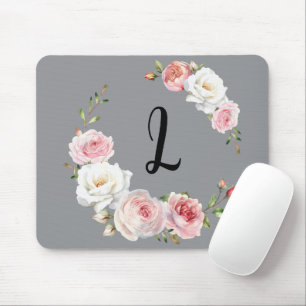 Chic Pink White Roses Initial Script Grey Mouse Pad