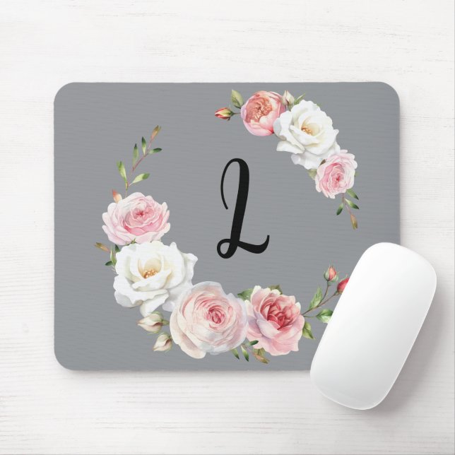Chic Pink White Roses Initial Script Grey Mouse Pad (With Mouse)