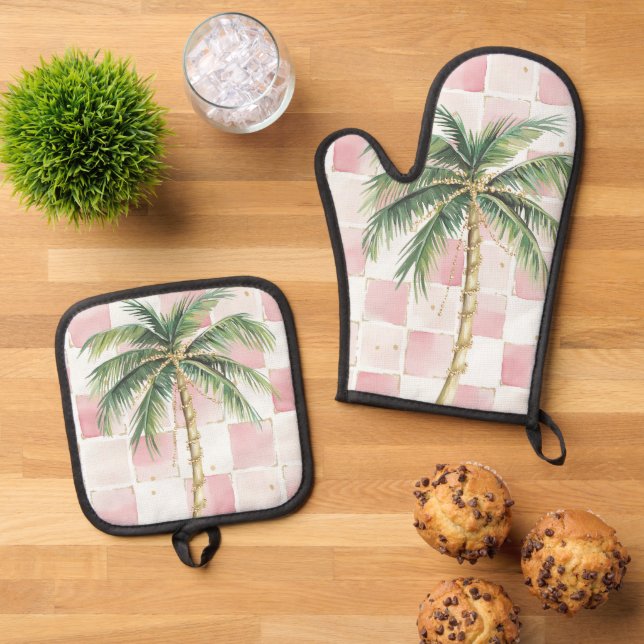 Chic Pink White Squares Gold Palm Tree  Oven Mitt & Pot Holder Set (Top Down)