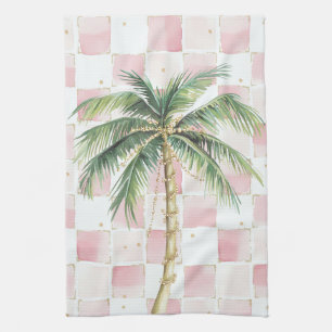 Chic Pink White Squares Gold Palm Tree  Tea Towel