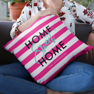 Chic Pink & White Stripes Black  Home Sweet Home Cushion