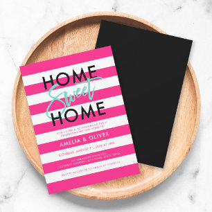 Chic Pink & White Stripes Black Housewarming Party Invitation