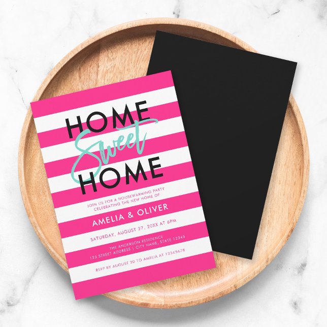 Chic Pink & White Stripes Black Housewarming Party Invitation (Creator Uploaded)