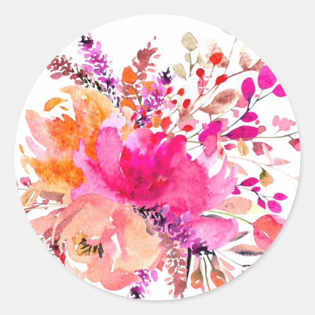 Chic Pink White Watercolor Floral Elegant Wedding Classic Round Sticker (Front)