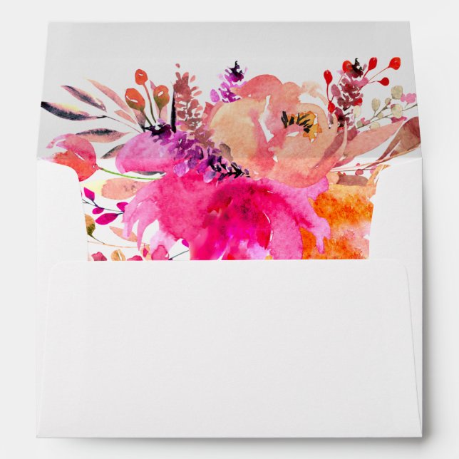 Chic Pink White Watercolor Floral Elegant Wedding Envelope (Back (Bottom))