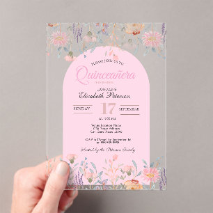 Chic Pink Wildflowers Your Photo Quinceañera Acrylic Invitations