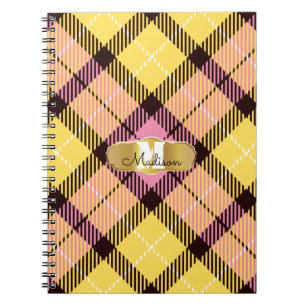 Chic Pink Yellow Tartan Gold Monogram Script Name Notebook