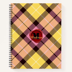 Chic Pink Yellow Tartan Stamp Monogram Script Name Notebook