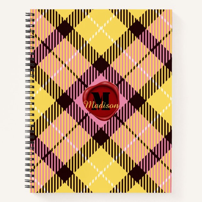 Chic Pink Yellow Tartan Stamp Monogram Script Name Notebook (Front)