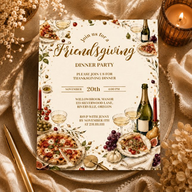 Chic Pizza & Prosecco Friendsgiving Invitation (Creator Uploaded)
