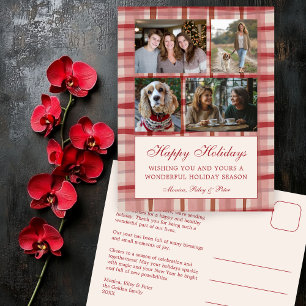 Chic Plaid Christmas Custom 4 Photo Collage Red Holiday Postcard
