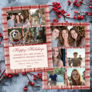 Chic Plaid Christmas Custom 9 Photo Collage Red Holiday Card
