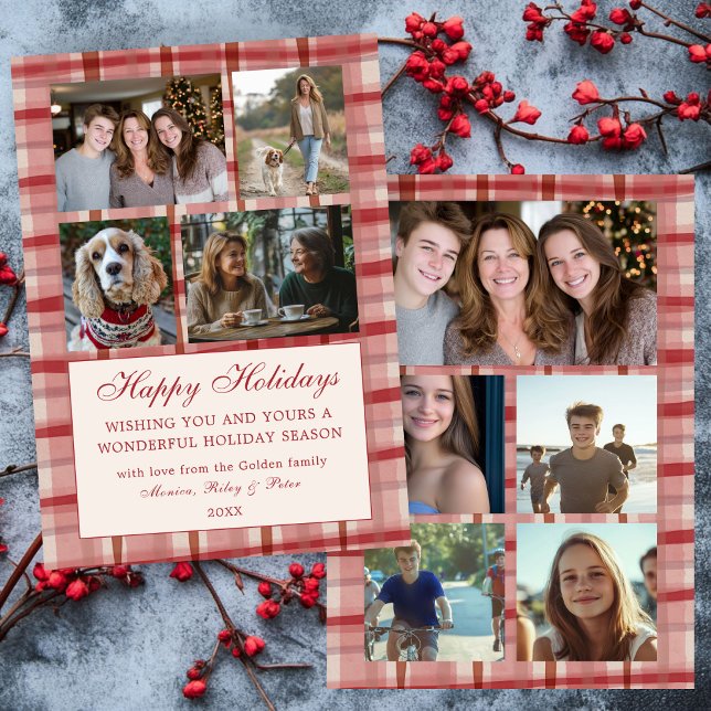 Chic Plaid Christmas Custom 9 Photo Collage Red Holiday Card (Chic Preppy Watercolor Red Plaid Christmas Custom 9 Family Photo Collage Holiday Card
)