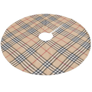Chic Plaid Warm Tan Base White Black Brown Tartan Fleece Tree Skirt