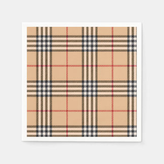 Chic Plaid Warm Tan Base White Black Brown Tartan Napkin